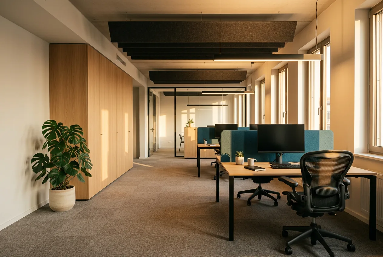 Büroetage mit Arbeitsplätzen, Sichtschutzelementen, Akustiksegeln an der Decke und Schrankwand aus heller Eiche