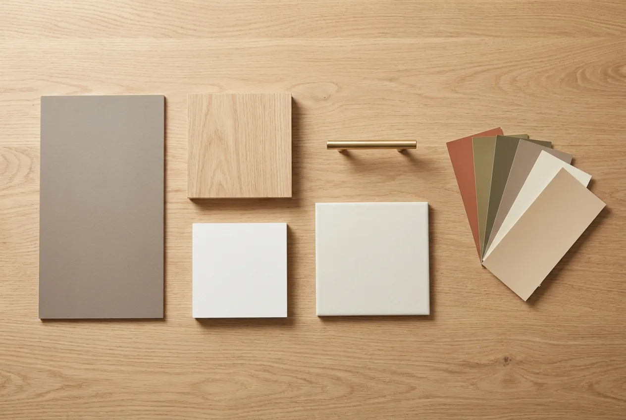 Materialmuster auf einem Tisch: Bodenbelag, Furnier, Fliese, Beschlag und Farbkarten