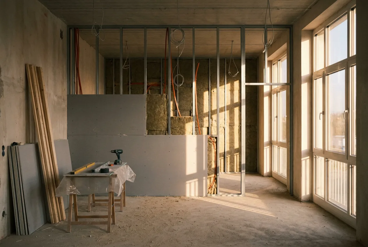 Innenausbau im Bau: Trockenbau-Ständerwerk mit Dämmung, Leerrohre, halb beplankte Wand und Werkzeug auf einem Bock