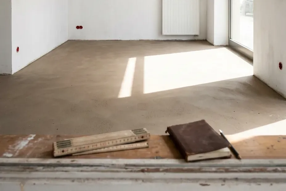 Leeres Ladenlokal vor dem Ausbau, mit Zollstock und Notizbuch auf der Fensterbank