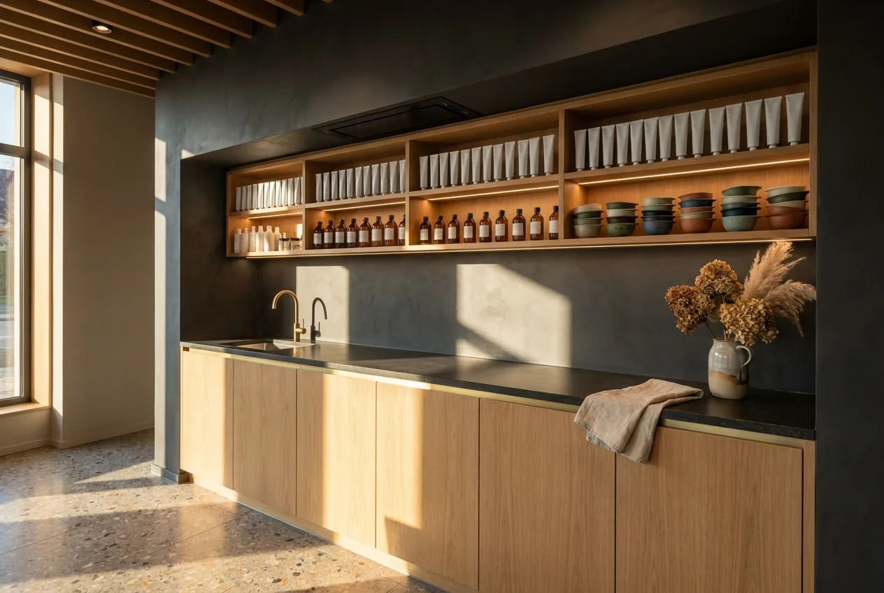 Farbstation im Salon mit eigenem Becken, Steinarbeitsplatte, beleuchteten Regalen und Abluftöffnung
