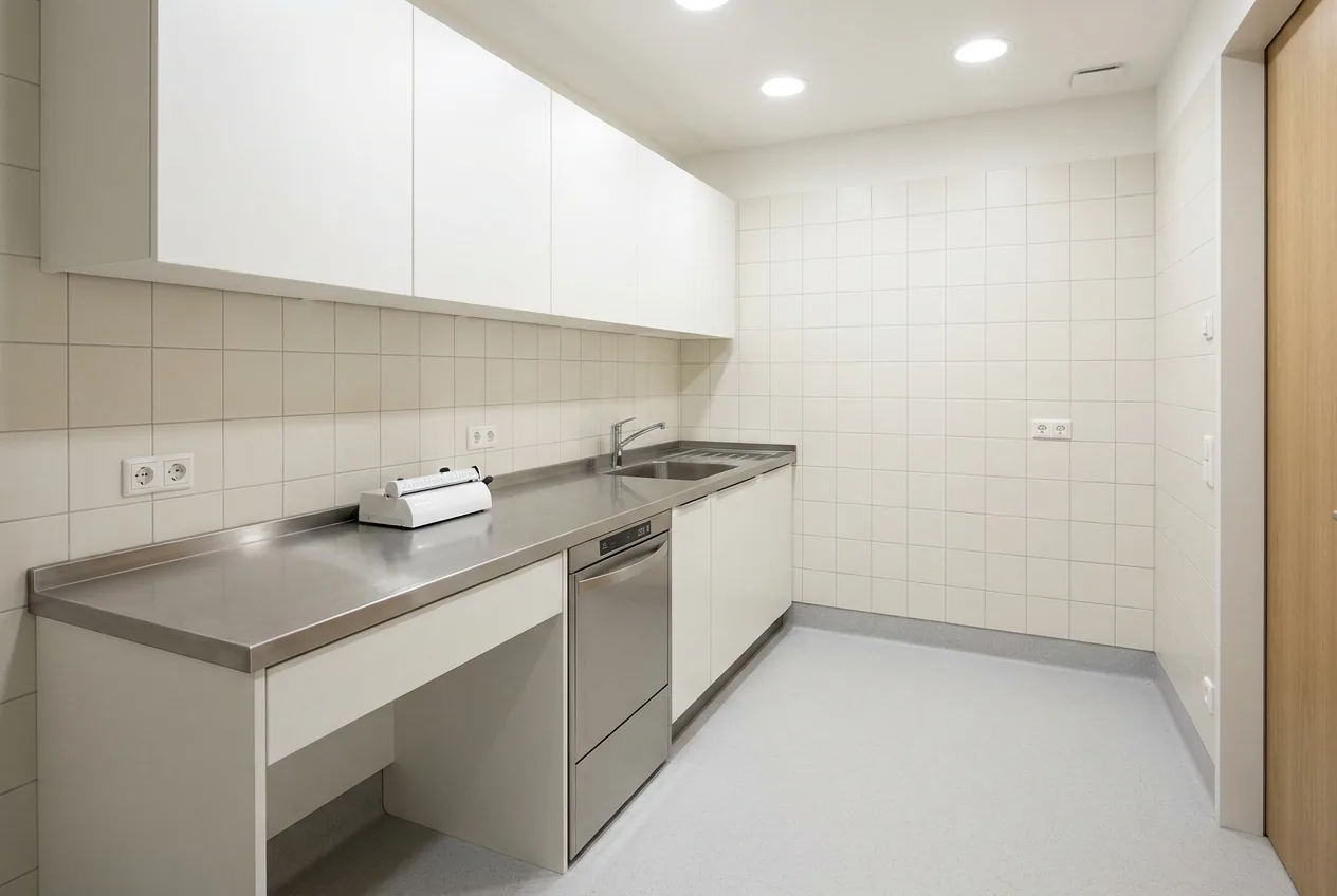 Aufbereitungsraum mit durchgehender Edelstahl-Arbeitszeile, Becken, Untertischgerät und Oberschränken