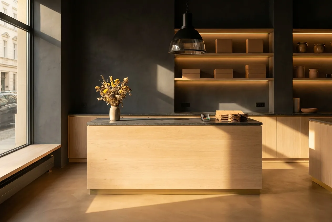 Kassen- und Beratungsplatz in einem Laden mit Holztresen, Steinplatte und beleuchteter Regalwand