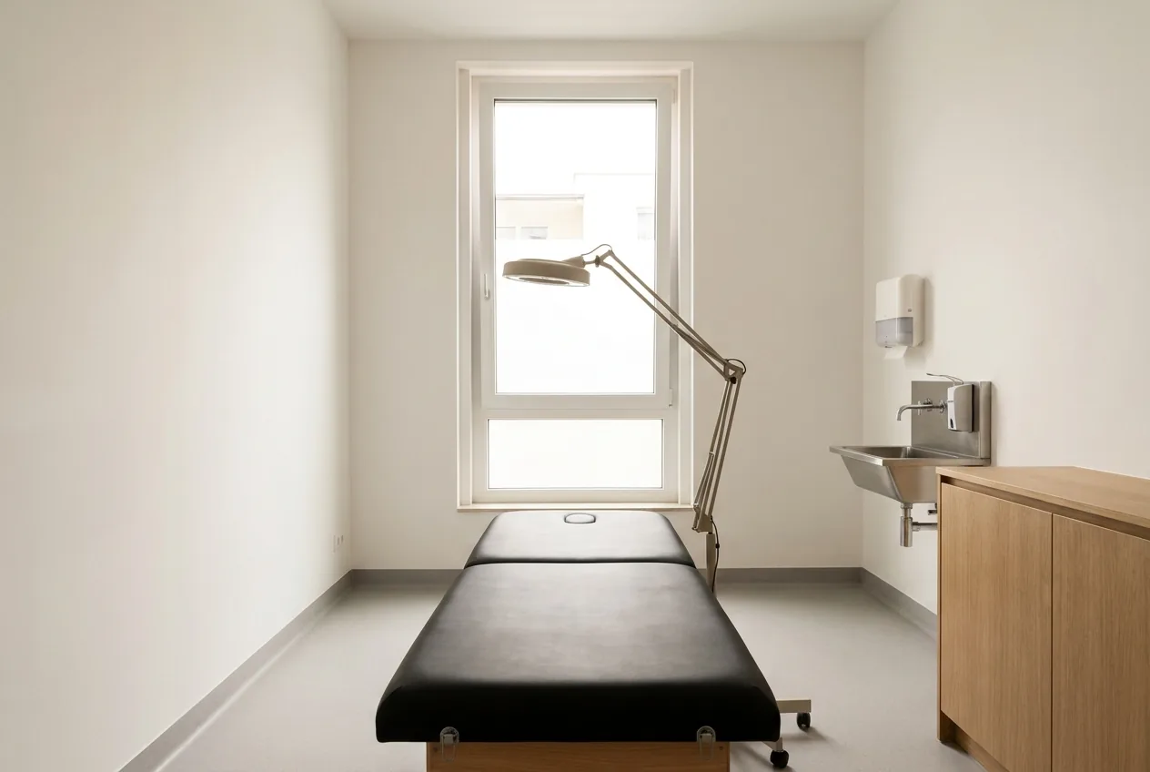 Arbeitsraum mit allseitig zugänglicher Liege, Edelstahl-Handwaschbecken mit berührungsloser Armatur, geschlossenen Fronten und an der Wand hochgezogenem Bodenbelag