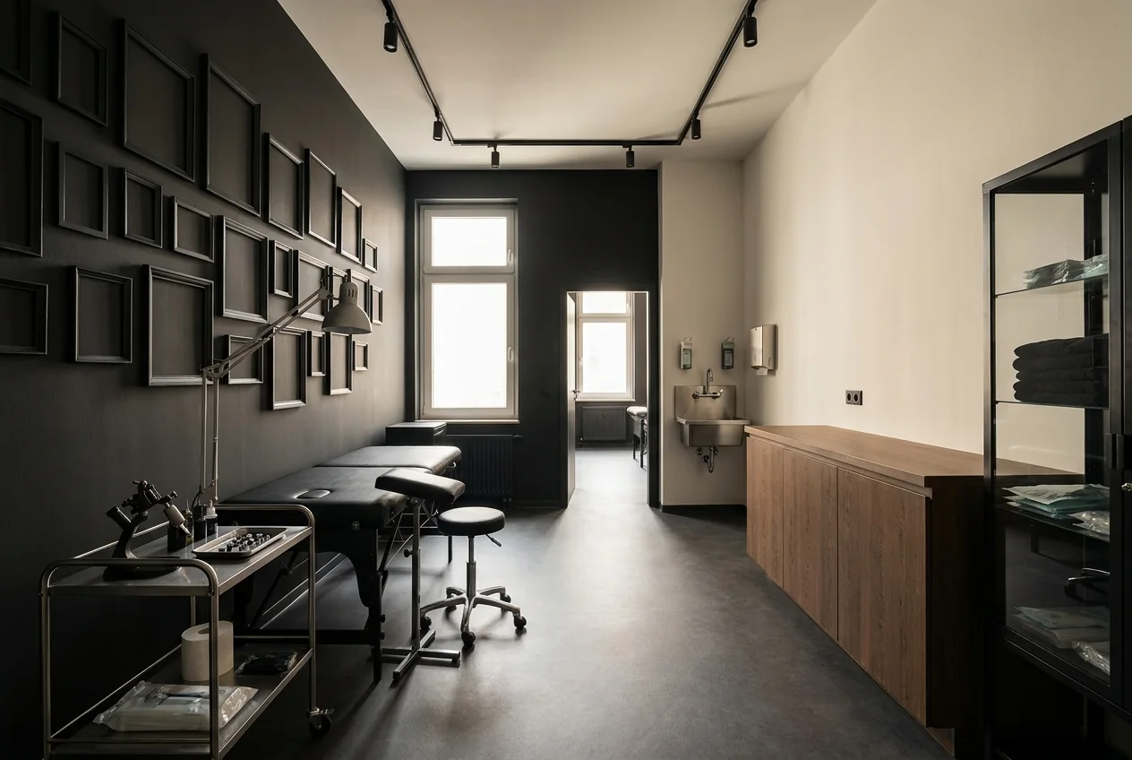 Tattoo-Arbeitsraum mit Liege, Rollhocker, Instrumentenwagen, Handwaschplatz an der hellen Wand und einer dunklen Rahmenwand gegenüber