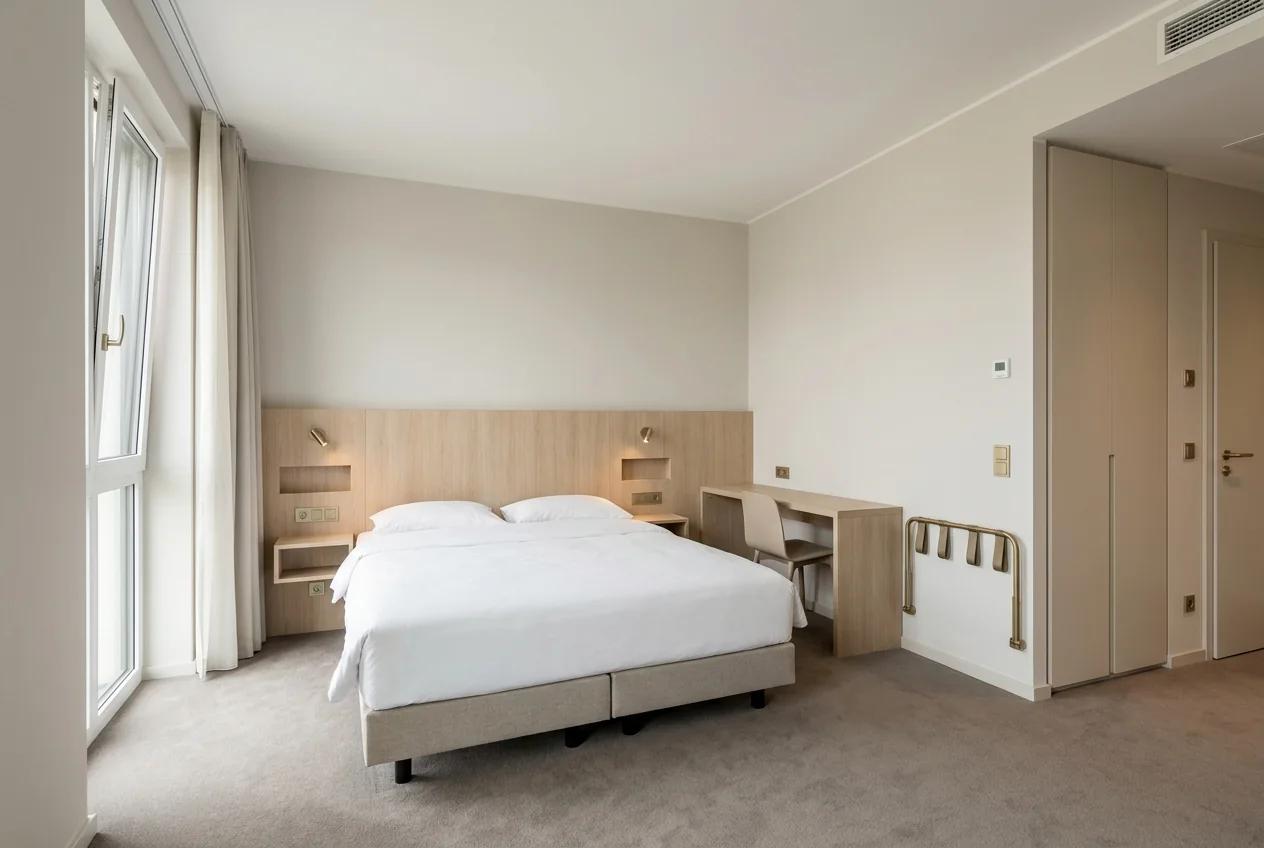 Hotelzimmer mit durchgehendem Kopfteil aus Eichenfurnier, integrierten Nachtkonsolen mit Leselicht und Steckdosen sowie raumhohem Schrank