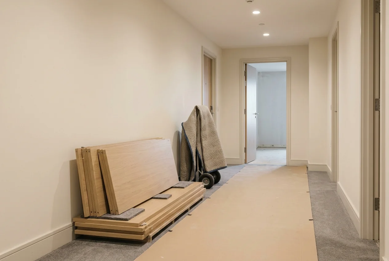 Hotelflur während einer Möblierung: Möbelteile stehen auf Filzunterlagen an der Wand, der Teppich ist mit Laufschutz abgedeckt