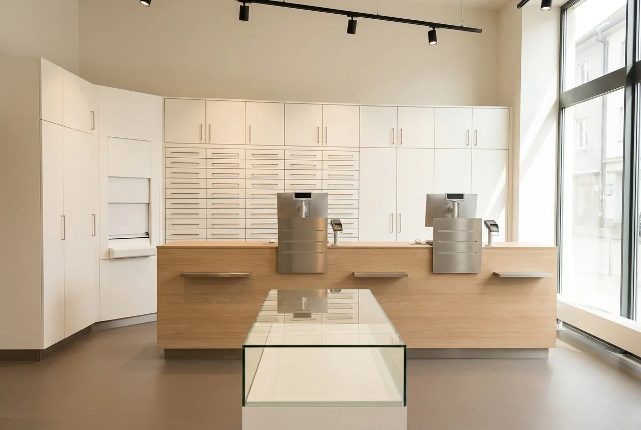 Offizin einer Apotheke mit dreiplätzigem Tresen, geschlossener Schubladenwand dahinter und Ausgabeschacht eines Kommissionierautomaten