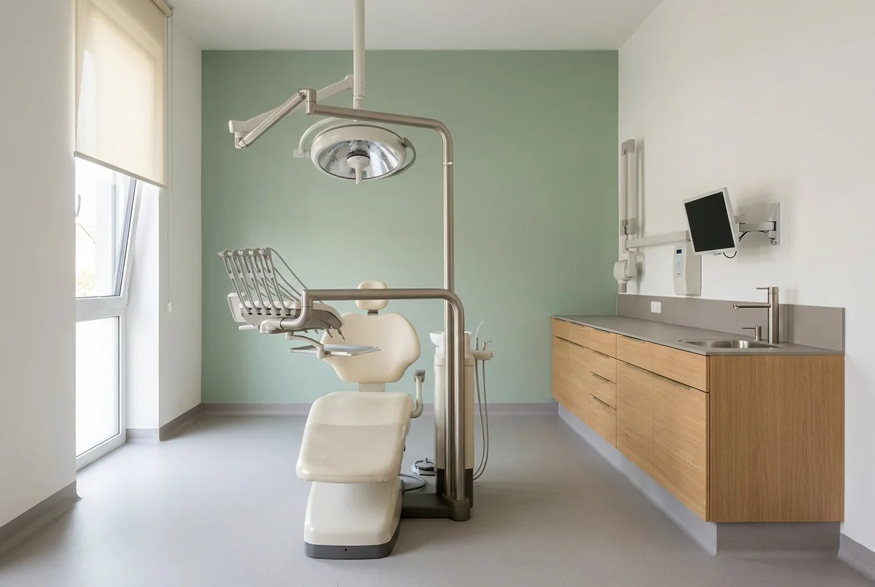 Zahnärztliches Behandlungszimmer mit Stuhl, Gerätearm, Deckenleuchte, geschlossener Schrankzeile mit Becken und fugenlosem Boden
