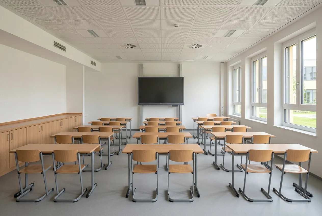 Klassenraum mit Einzeltischen in Reihen, Wandschrankzeile, Medienpanel mit Kabelkanal und Akustikdecke
