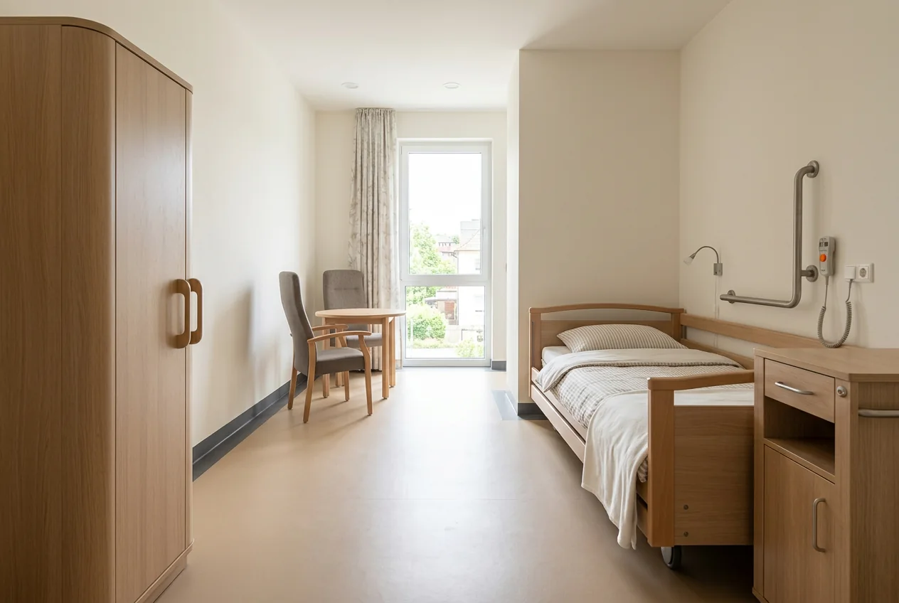 Bewohnerzimmer mit Pflegebett, Nachtschrank, Haltegriff, Schrank mit Griffmulden und freier Bewegungsfläche