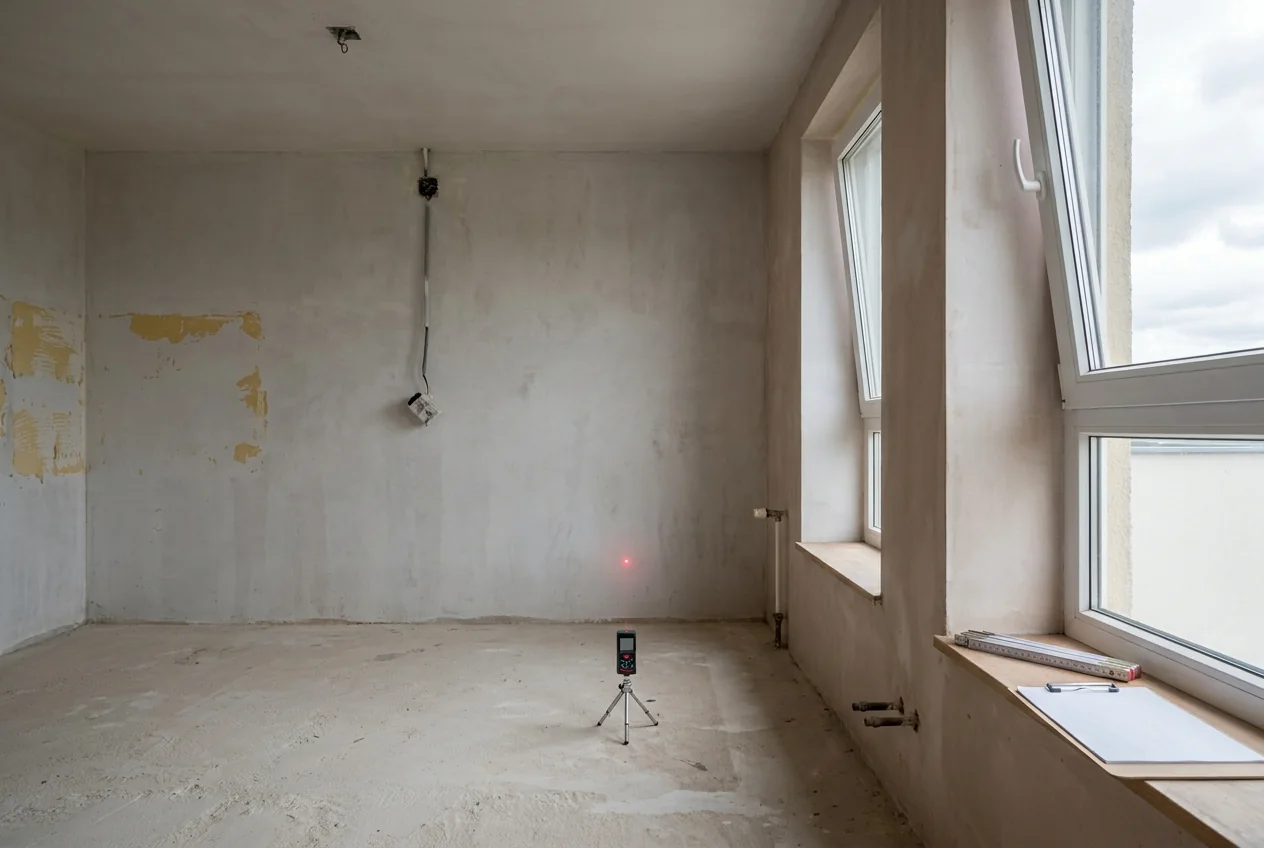Raum vor dem Ausbau mit Lasermessgerät auf einem Stativ, Zollstock und Klemmbrett auf der Fensterbank