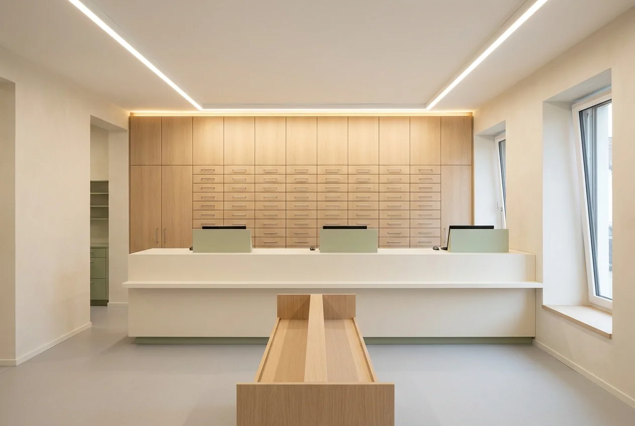 Offizin einer Apotheke mit langem Bedientresen, drei Bedienplätzen mit Sichtschutz und raumhoher Schubladenwand