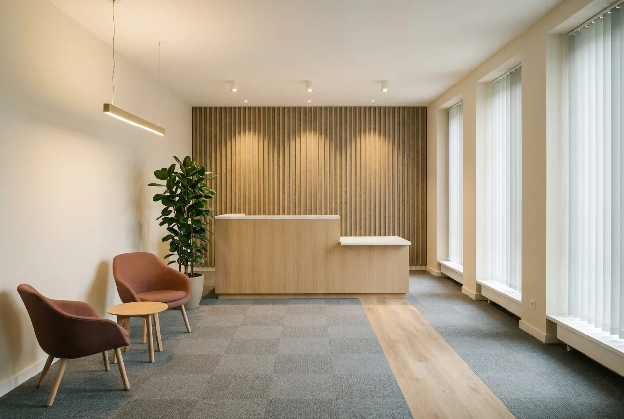 Büroempfang mit Tresen aus heller Eiche, tieferliegender Seite für Rollstuhlnutzung, Lattenwand mit Akustikfilz und zwei Loungesesseln