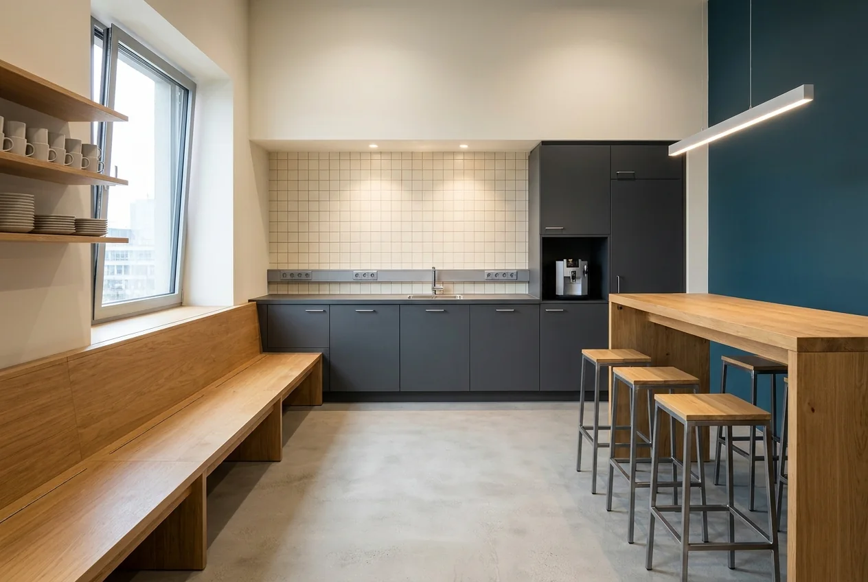 Teeküche im Büro mit anthrazitfarbener Küchenzeile, Nische für die Kaffeemaschine, hohem Bartisch aus Eiche und Fensterbank