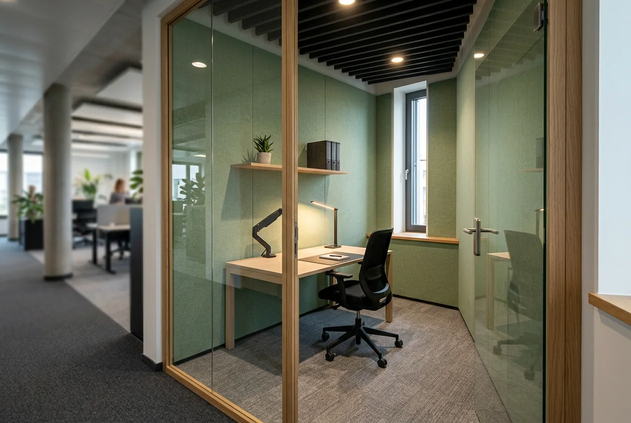 Fokusraum für konzentriertes Arbeiten mit Glasfront, Einzelarbeitsplatz und Wänden aus Akustikfilz in Salbeigrün